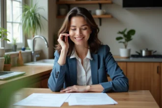 Femme en blazer et jeans examine des CV dans une cuisine moderne