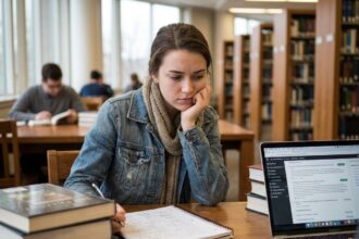 Jeune femme pensante dans une bibliothèque moderne