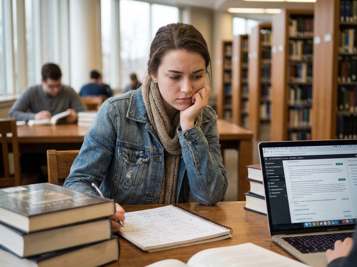 Jeune femme pensante dans une bibliothèque moderne