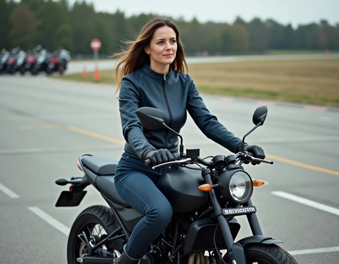 Femme reprenant la conduite d'un 125cm3 sur une aire d'entraînement moto avec permis B