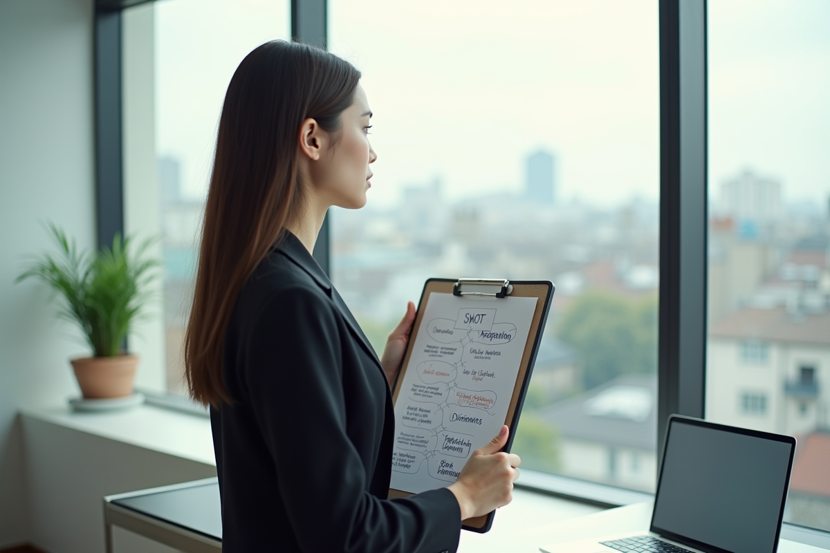 Jeune femme tenant un diagramme SWOT près d