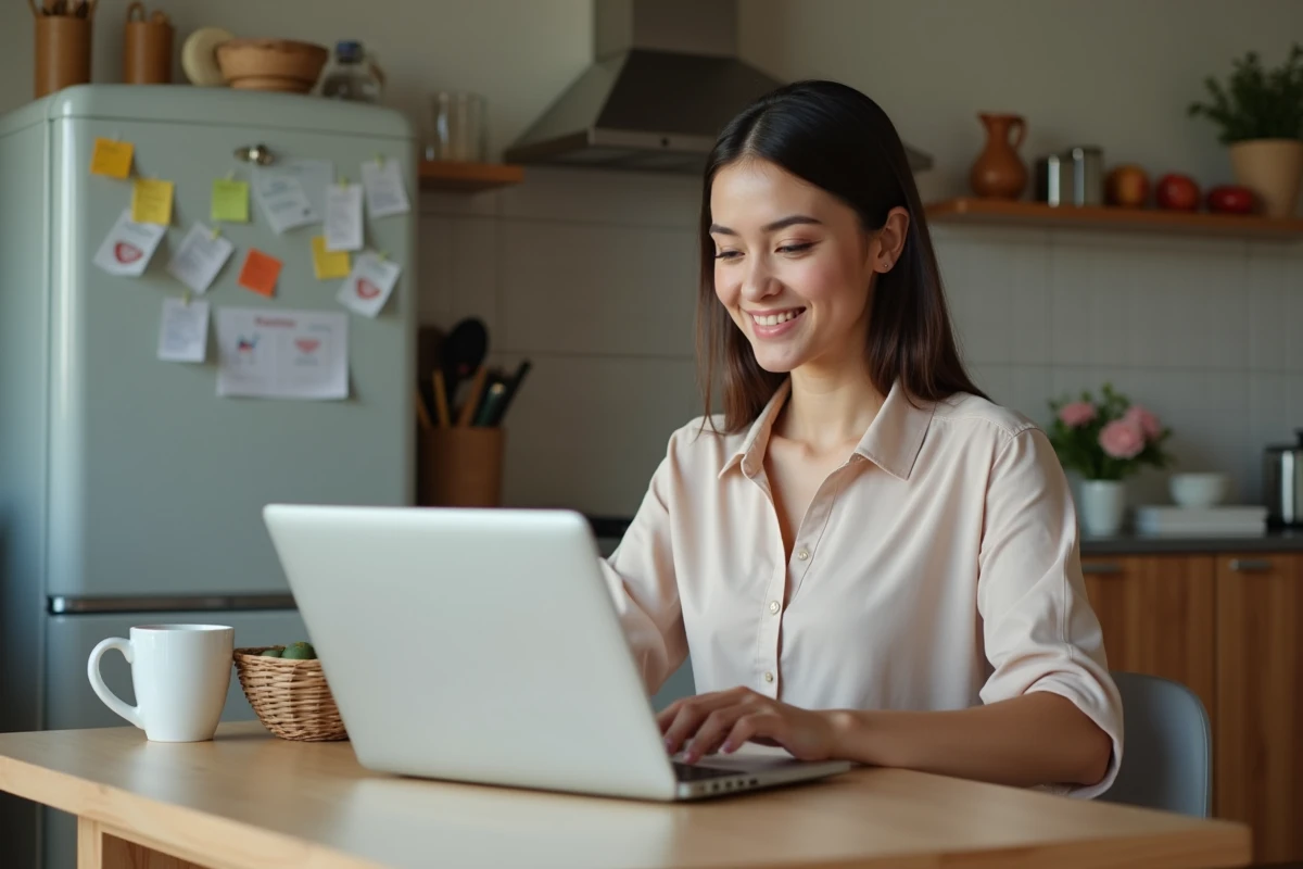 Femme vérifiant le progrès scolaire de son enfant à la maison