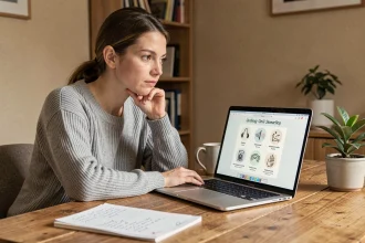 Femme analysant ses résultats du test VAKOG sur un ordinateur portable dans un bureau à domicile chaleureux