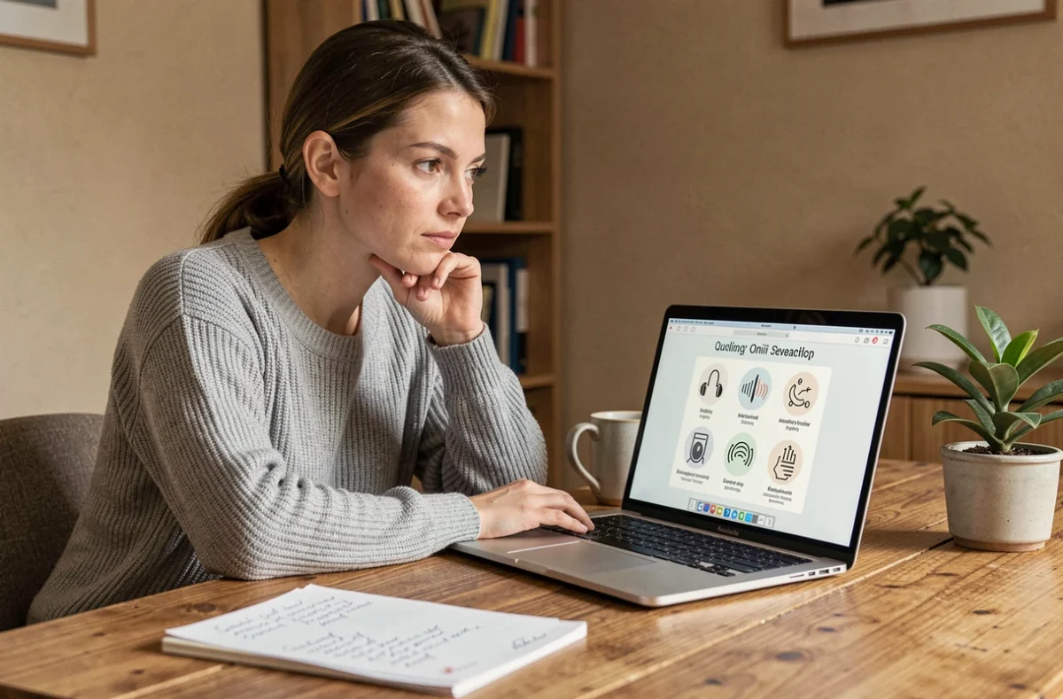 Femme analysant ses résultats du test VAKOG sur un ordinateur portable dans un bureau à domicile chaleureux