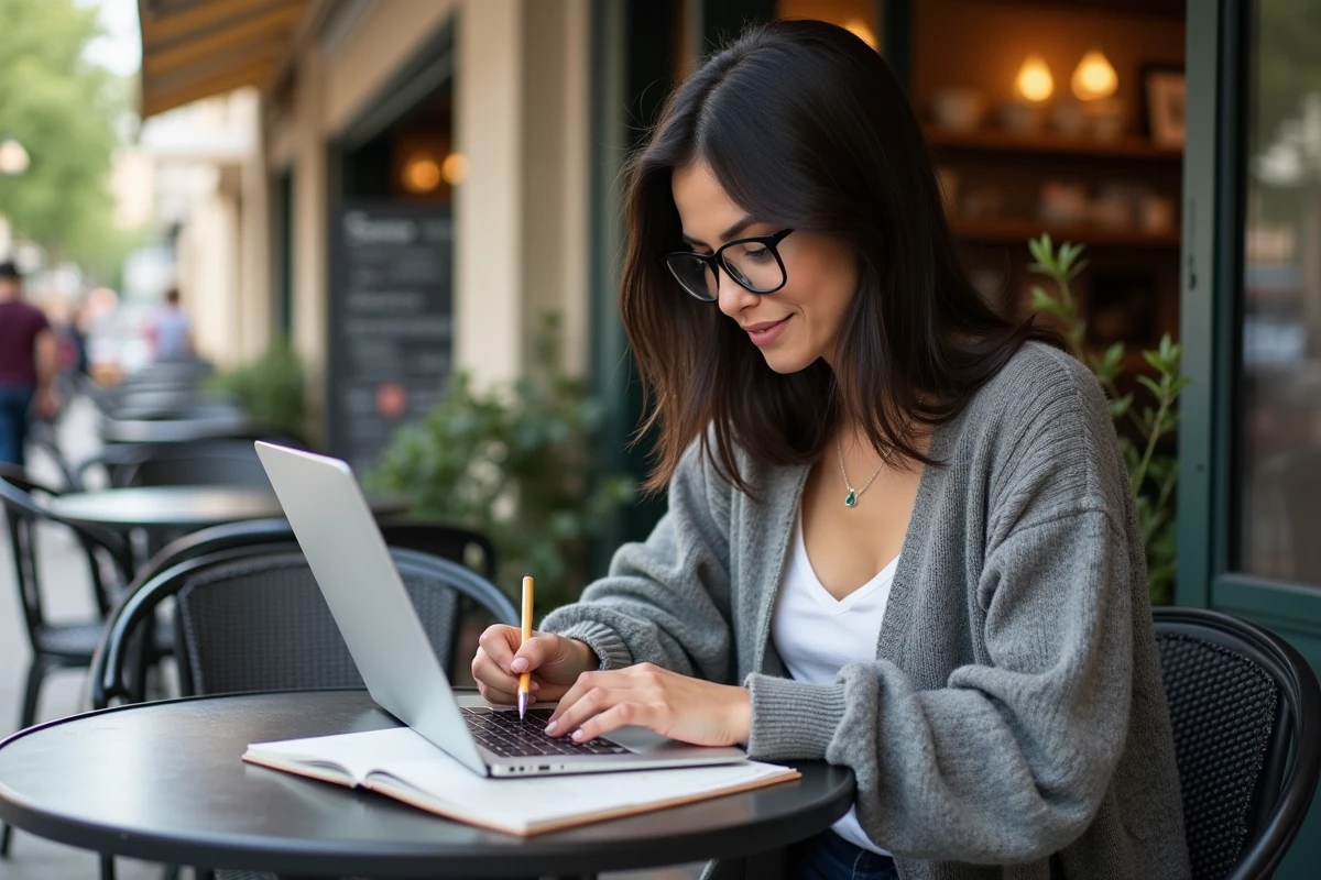 Jeune femme travaillant sur son ordinateur en extérieur