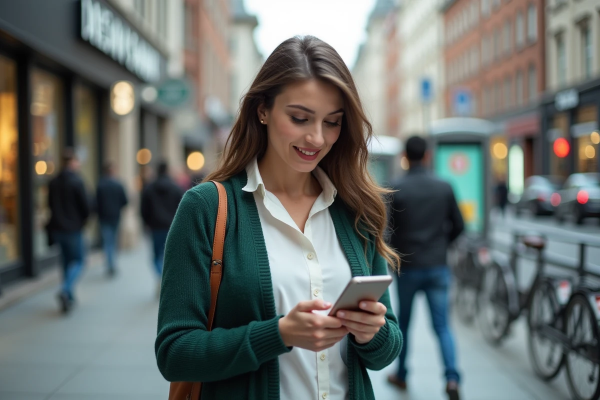 Jeune femme dans la rue vérifiant les actualités sur son smartphone