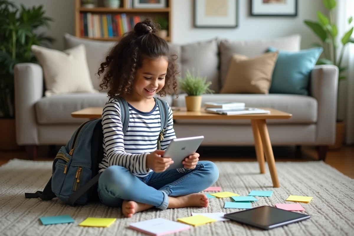 Fille de 12 ans triant des notes colorées dans le salon