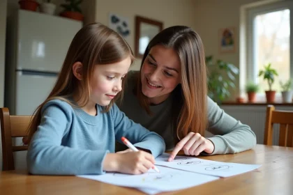 Fille de 7 ans concentrée sur une fiche scolaire avec une adulte