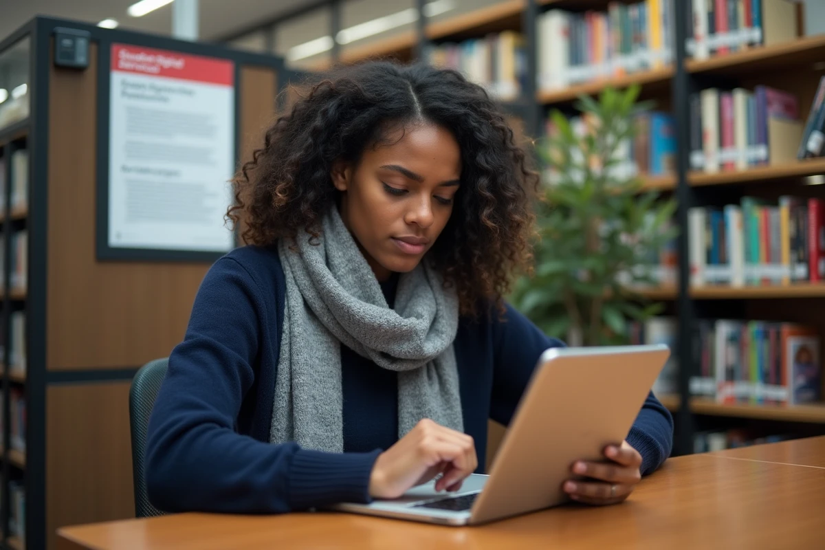 Jeune femme africaine utilisant une tablette dans une bibliothèque universitaire