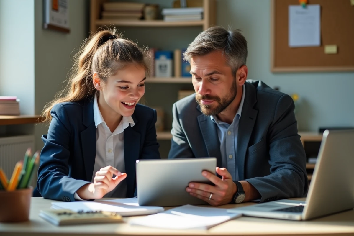 Fille expliquant un portail scolaire à son père