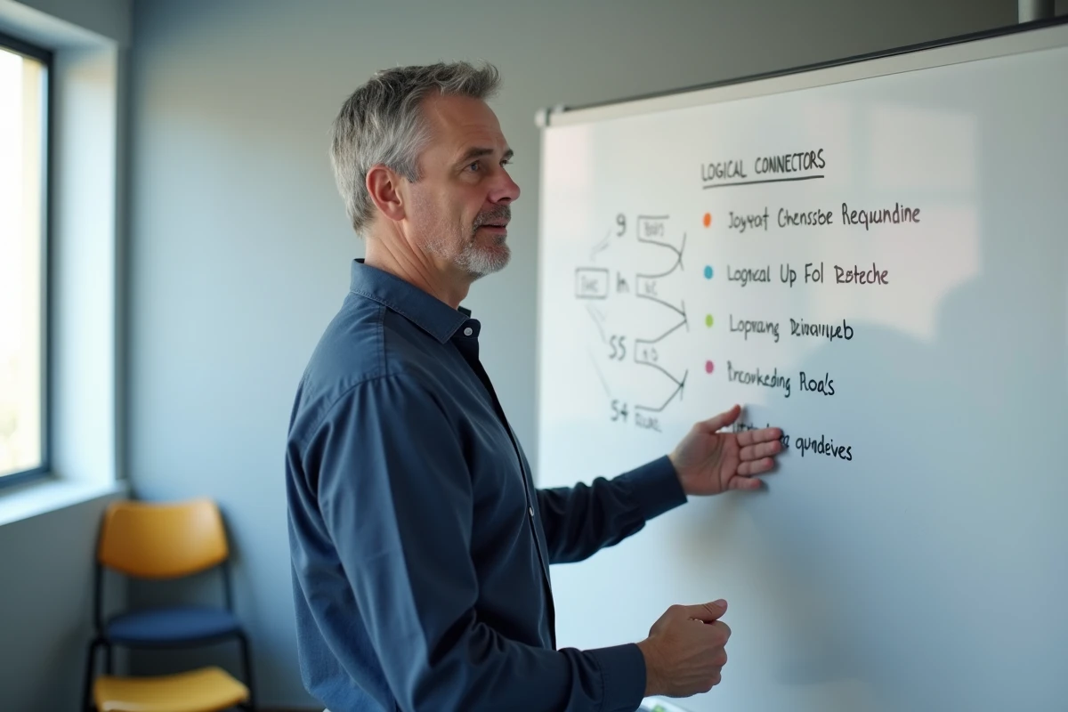 Formateur expliquant une liste de connecteurs logiques devant un tableau blanc dans une salle de formation moderne