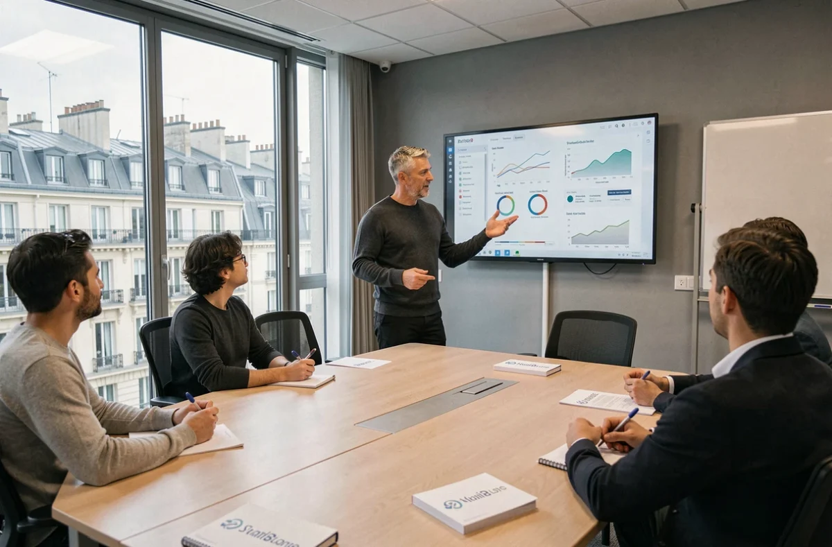 Formateur digital animant une session de formation professionnelle pour salariés dans une salle moderne à Paris