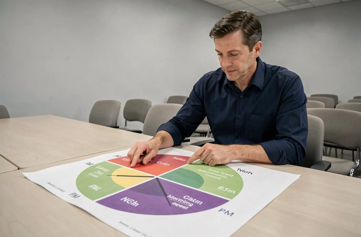 Formateur expliquant la méthode visuelle pour comprendre AM et PM en anglais avec un diagramme d'horloge