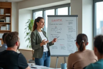 Animatrice en formation devant un tableau blanc en salle moderne