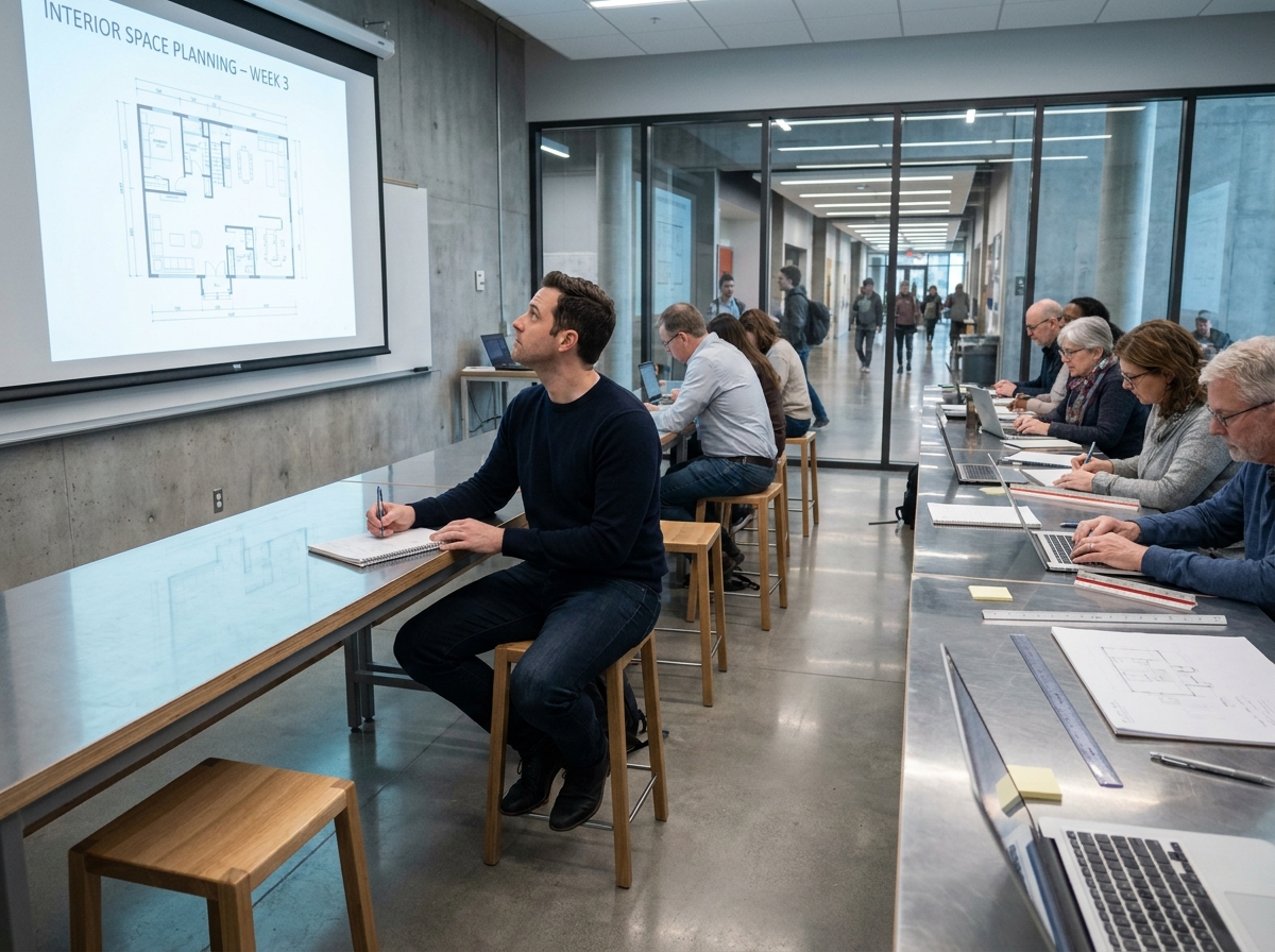 Étudiant adulte en formation d'architecte d'intérieur dans une salle de cours moderne