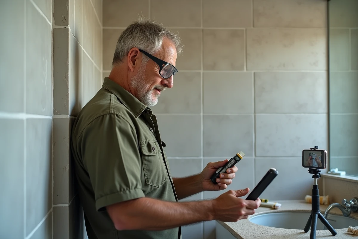 Homme en train de carreler une salle de bain en consultant un tutoriel en ligne sur smartphone lors d'une formation brico
