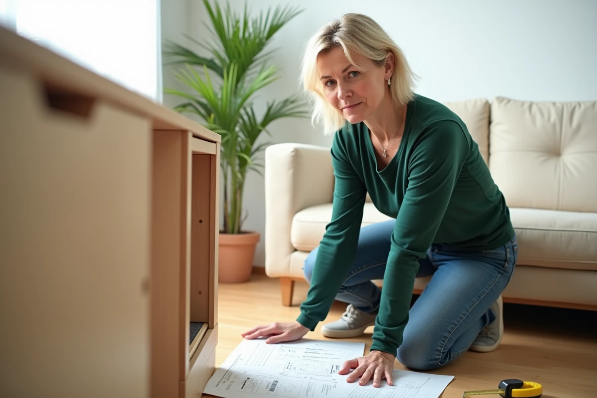 Femme assemblant un meuble en suivant les instructions d'une formation bricolage imprimée dans un salon