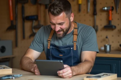 Homme en tablier consultant une formation brico sur tablette dans un atelier de bricolage organisé