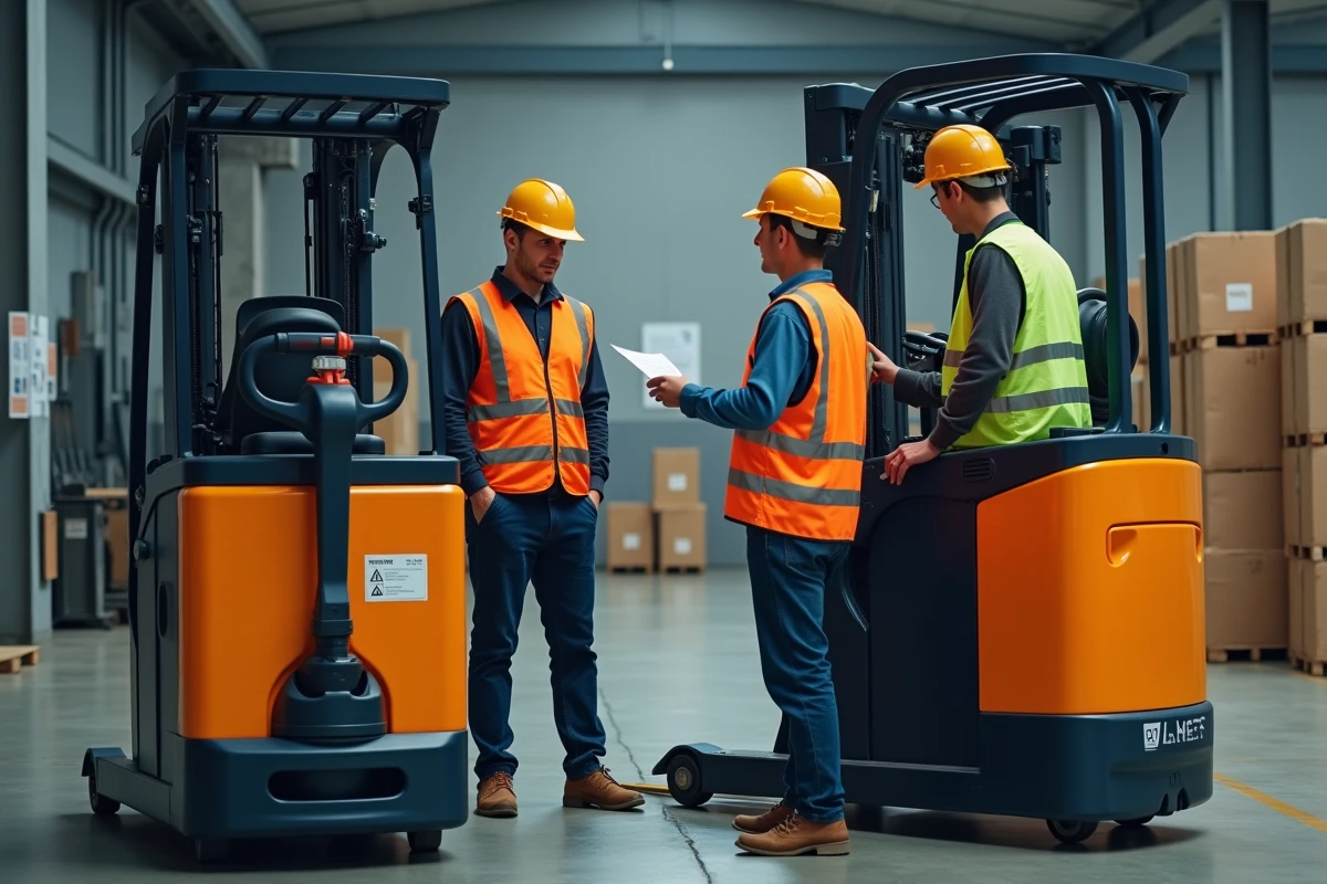 Formation CACES en entrepôt avec un groupe d'employés logistiques écoutant un formateur expliquer les consignes de sécurité sur un chariot élévateur