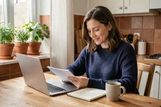 Femme adulte suivant une formation courte en ligne depuis chez elle, souriante devant son ordinateur portable dans une cuisine moderne et chaleureuse
