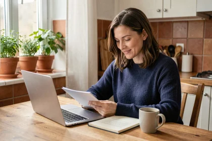 Femme adulte suivant une formation courte en ligne depuis chez elle, souriante devant son ordinateur portable dans une cuisine moderne et chaleureuse