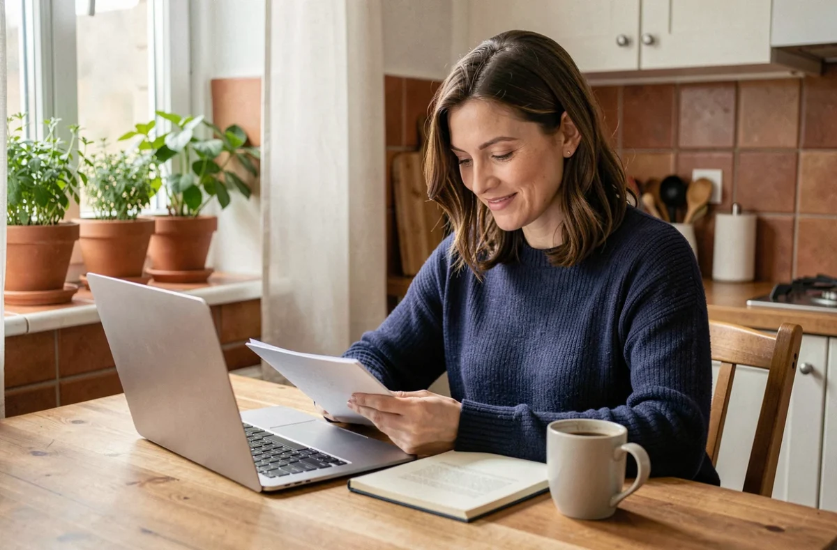 Femme adulte suivant une formation courte en ligne depuis chez elle, souriante devant son ordinateur portable dans une cuisine moderne et chaleureuse