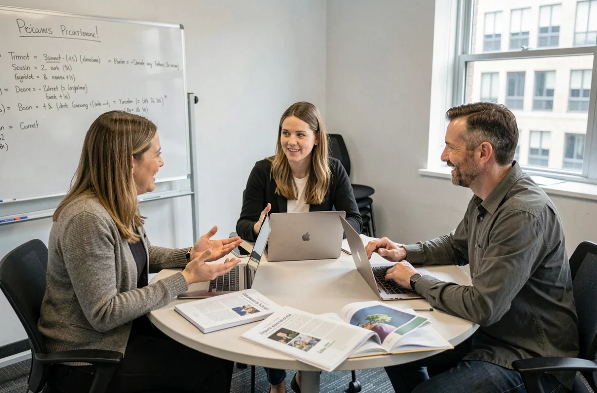 Groupe d'adultes participant à une formation courte en présentiel dans une salle de formation professionnelle, échangeant et collaborant autour d'une table