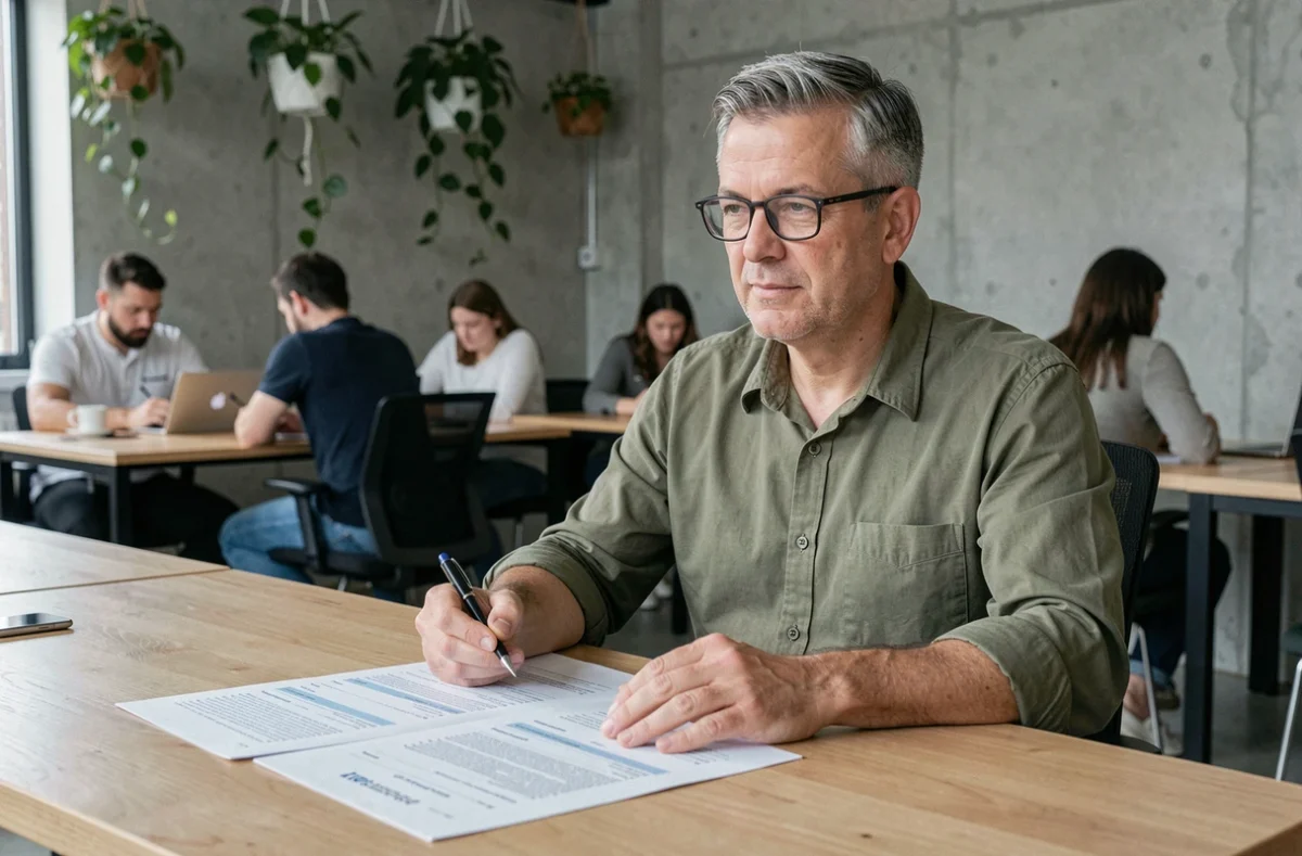 Homme adulte en reconversion professionnelle travaillant sur des supports de formation courte dans un espace de coworking moderne