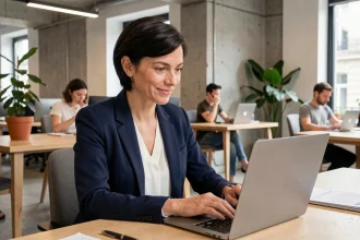 Salariée parisienne suivant une formation digitale en ligne dans un espace de coworking moderne