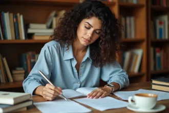 Femme francophone étudiant le subjonctif imparfait espagnol avec des livres de grammaire et des notes manuscrites sur un bureau en bois