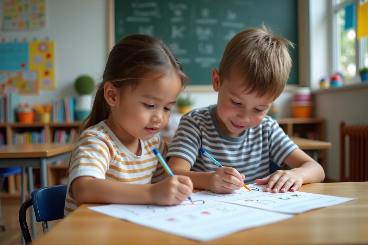 Garçon de 6 ans en classe avec un enseignant aidant à tracer