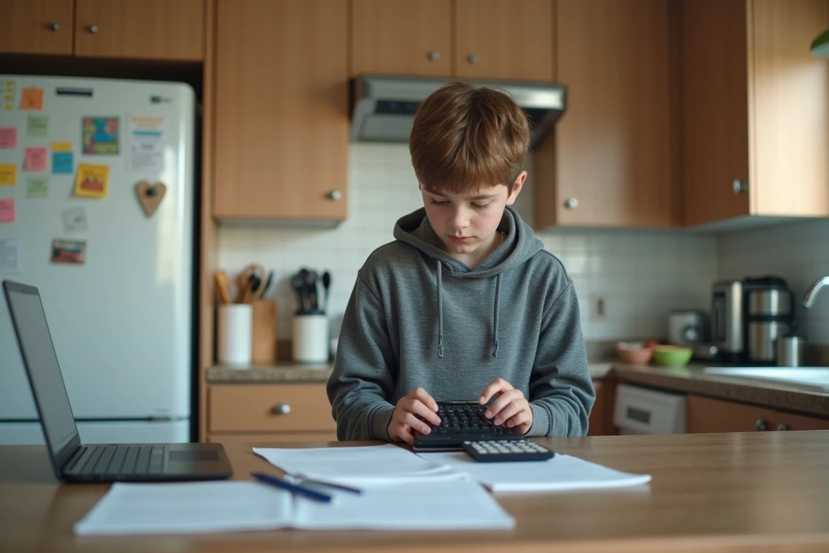 Garçon en hoodie utilisant une calculatrice dans une cuisine moderne à la maison