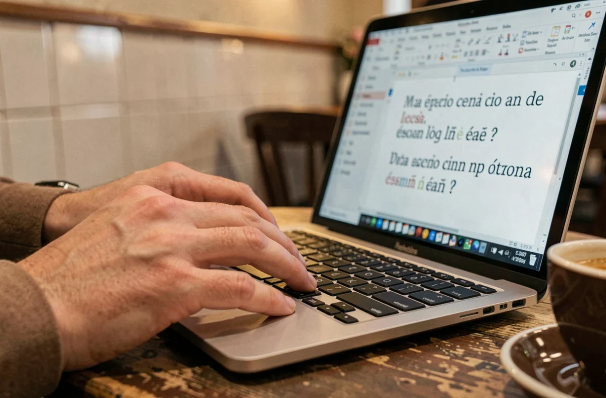 Gros plan de mains utilisant la combinaison de touches Alt Gr pour taper des caractères espagnols accentués sur un clavier d'ordinateur portable dans un café