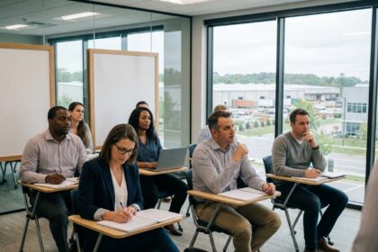 Groupe d'apprenants divers dans une salle de formation à Saint Vulbas