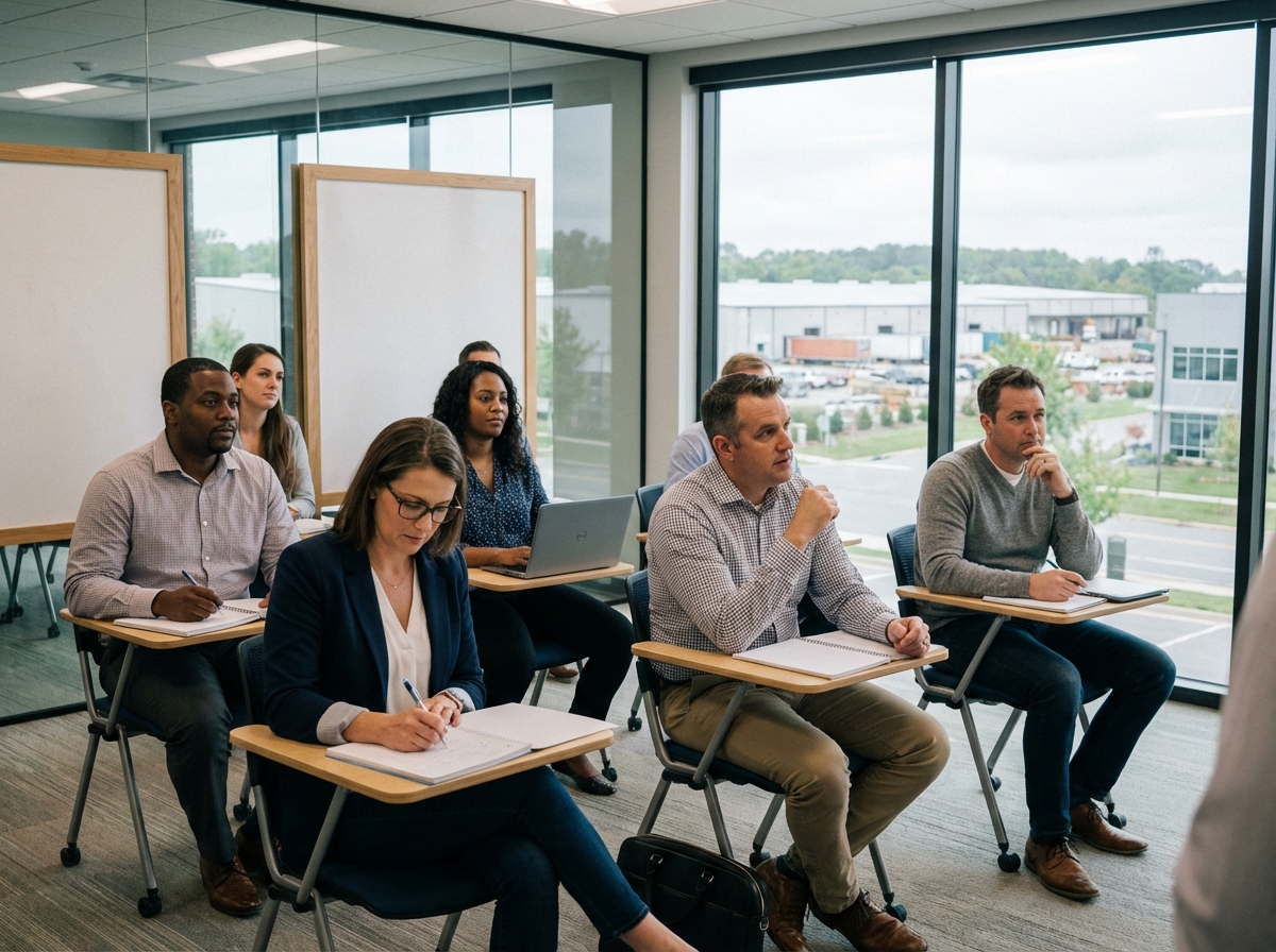Groupe d'apprenants divers dans une salle de formation à Saint Vulbas