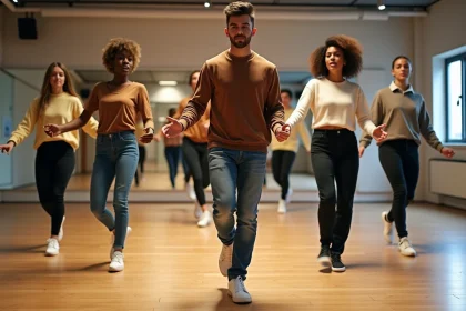Groupe de jeunes danseurs pratiquant le zouk en studio lumineux