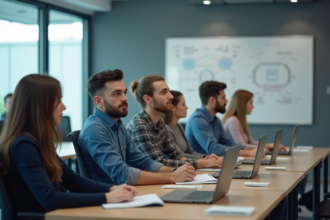 Groupe de jeunes adultes en formation cybersécurité
