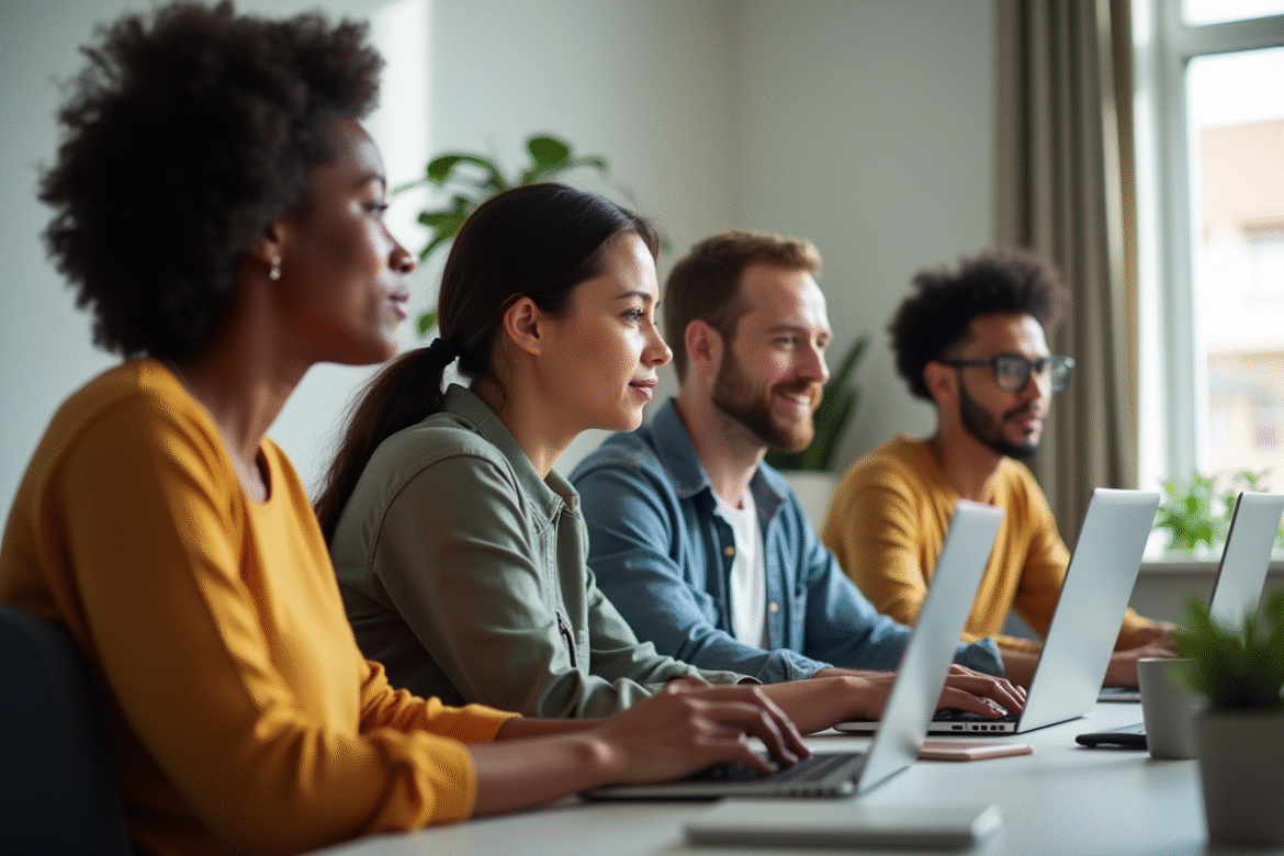 Groupe diversifié participant à une formation en ligne à domicile