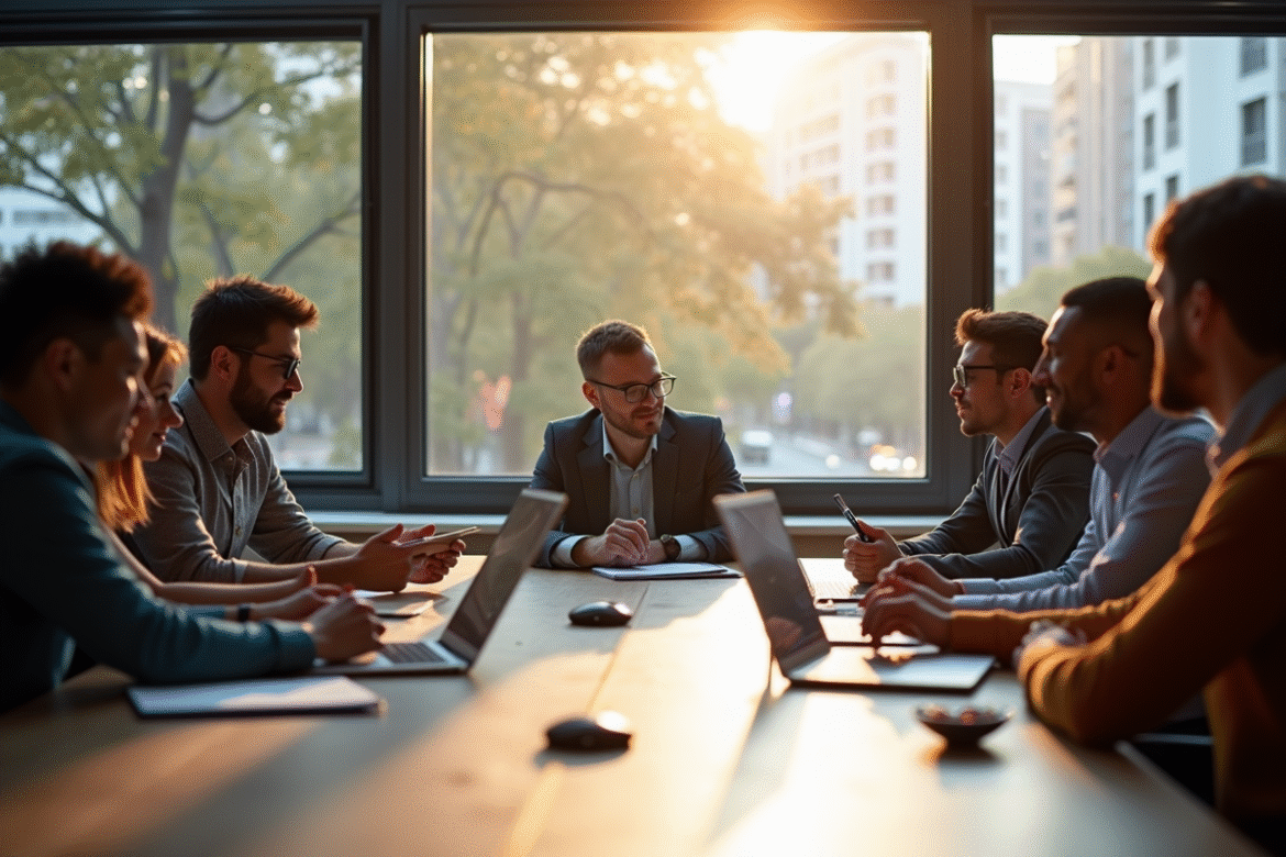 Groupe de professionnels lors d'un atelier interactif en réunion
