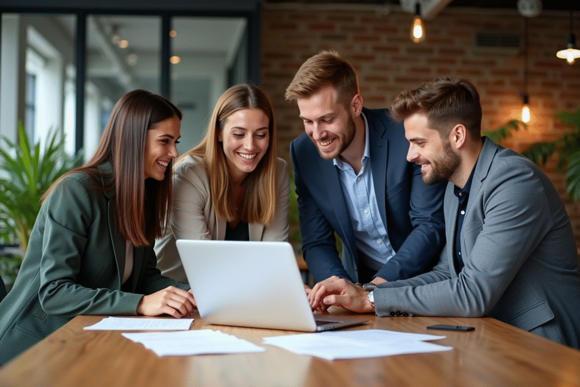 Groupe de professionnels en coworking discutant autour d'un ordinateur