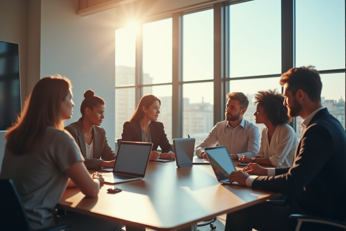 Groupe de professionnels en formation numérique dans une salle lumineuse