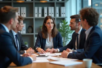 Groupe de professionnels en réunion dans une salle moderne