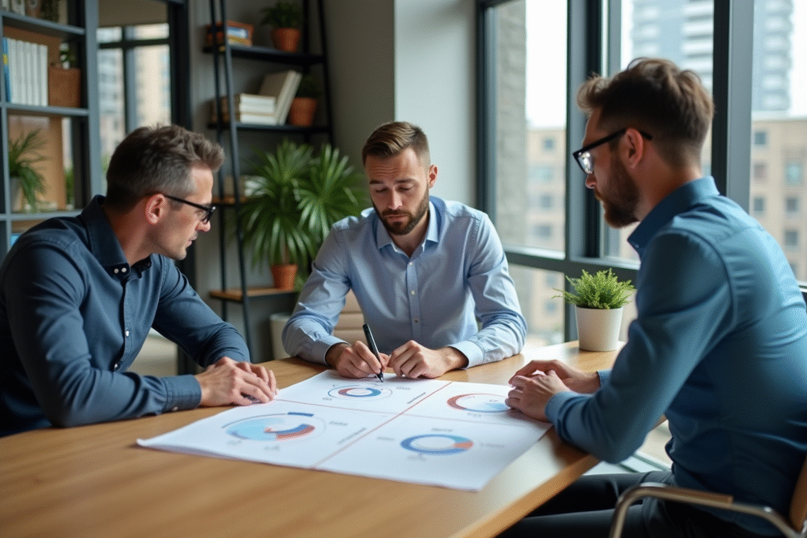 Trois professionnels analysant un tableau SWOT en réunion