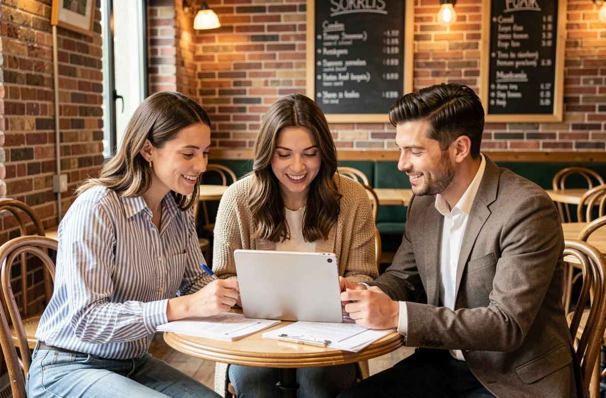 Groupe de salariés en formation digitale échangeant autour d'une tablette dans un espace convivial parisien