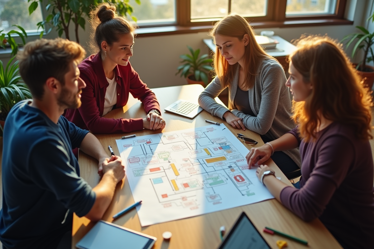 Jeunes adultes collaborant sur un diagramme d