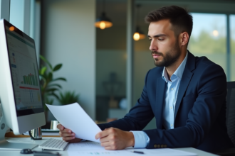 Jeune homme d'affaires en costume bleu examine des documents