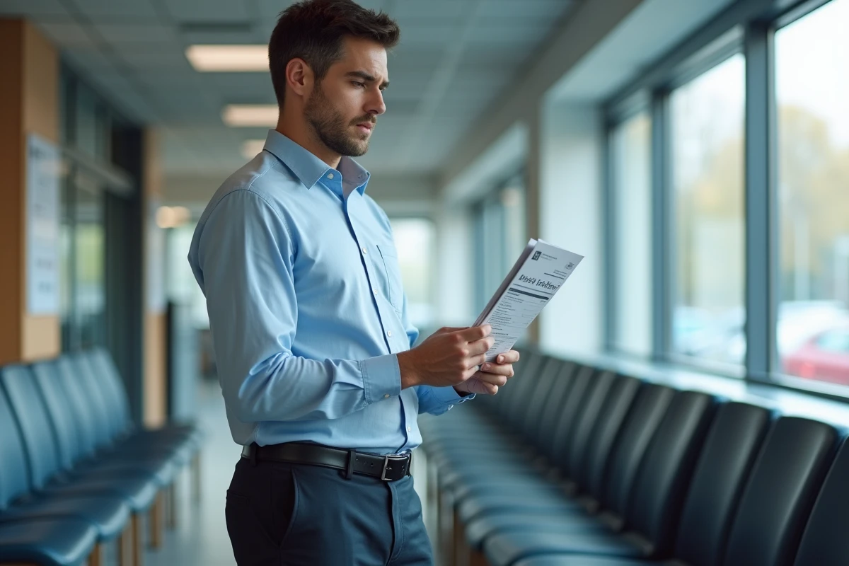 Jeune homme lisant une fiche métier dans une agence Pôle Emploi lors d'une démarche de recherche d'emploi