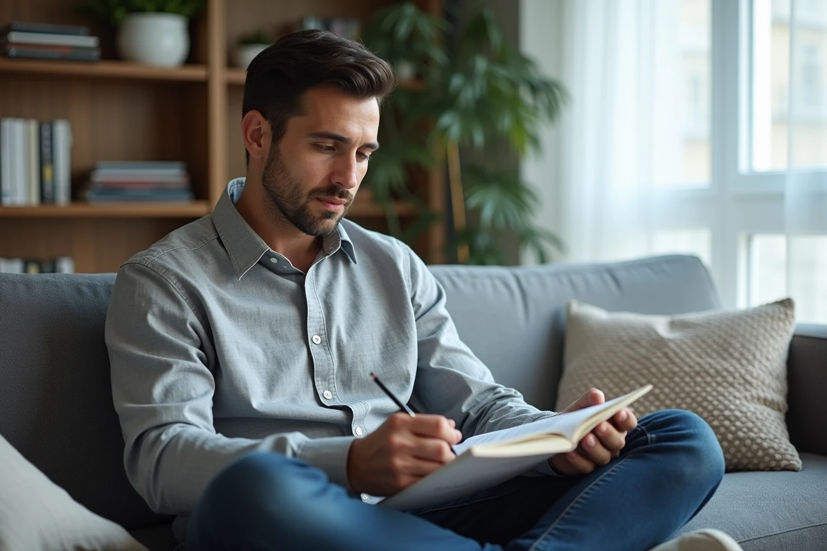 Homme annotatnt un workbook d'exercices d'écriture PDF sur un canapé dans un salon moderne, méthode pour débutants