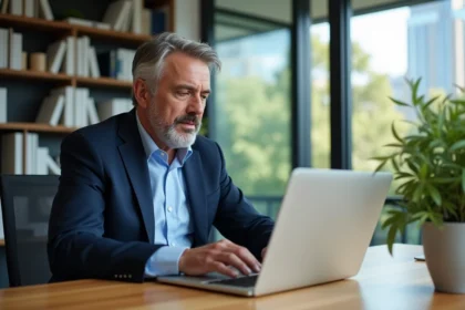 Homme d'âge moyen sur un bureau moderne naviguant sur un site d'actualités