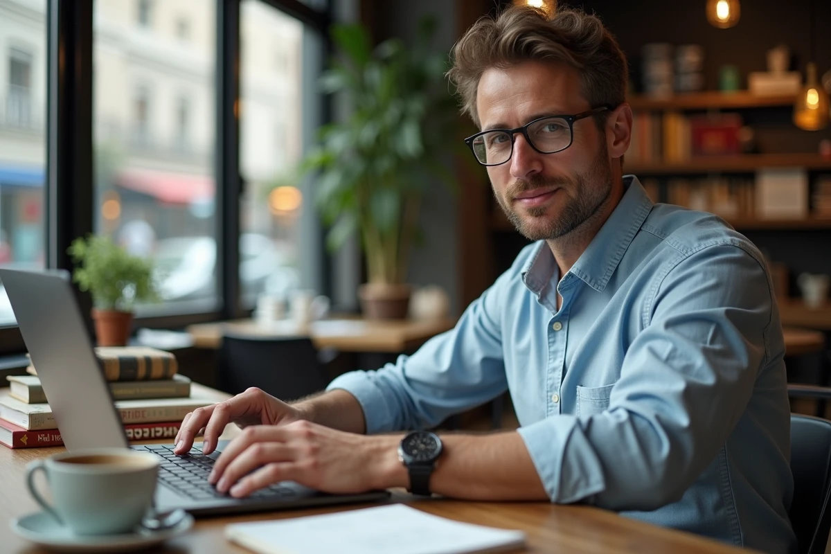Homme en visioconference arabe dans un café cosy